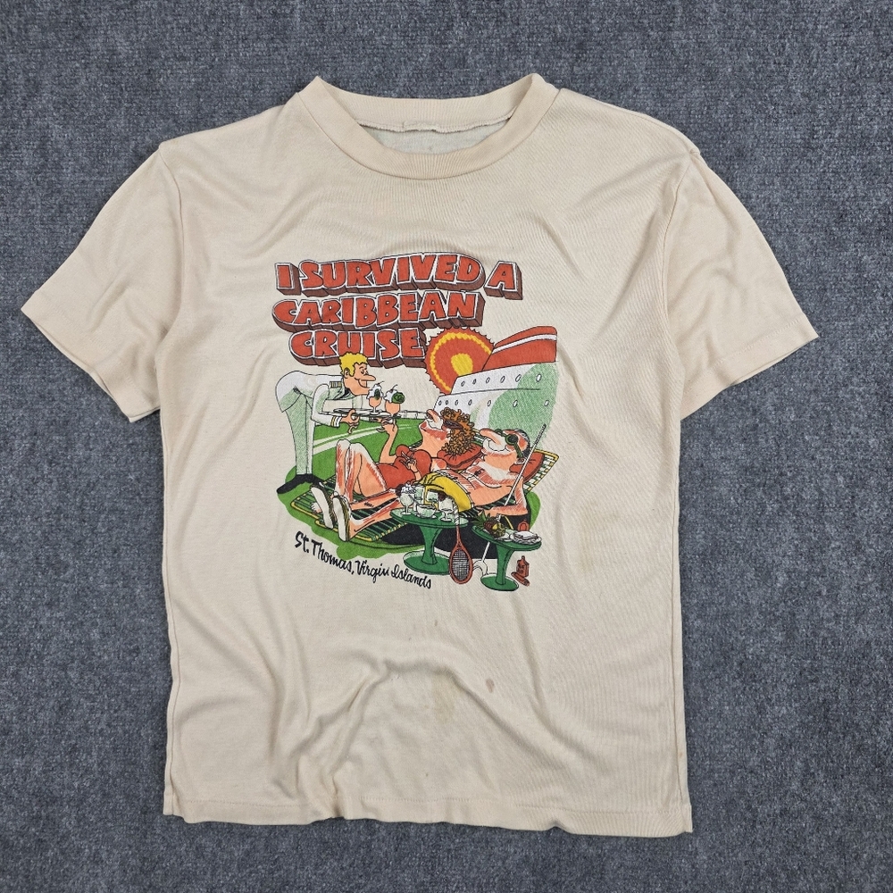 70s Vintage Unbranded 50/50 Cotton Blend T-Shirt Tan Cream Medium Single Stitch
